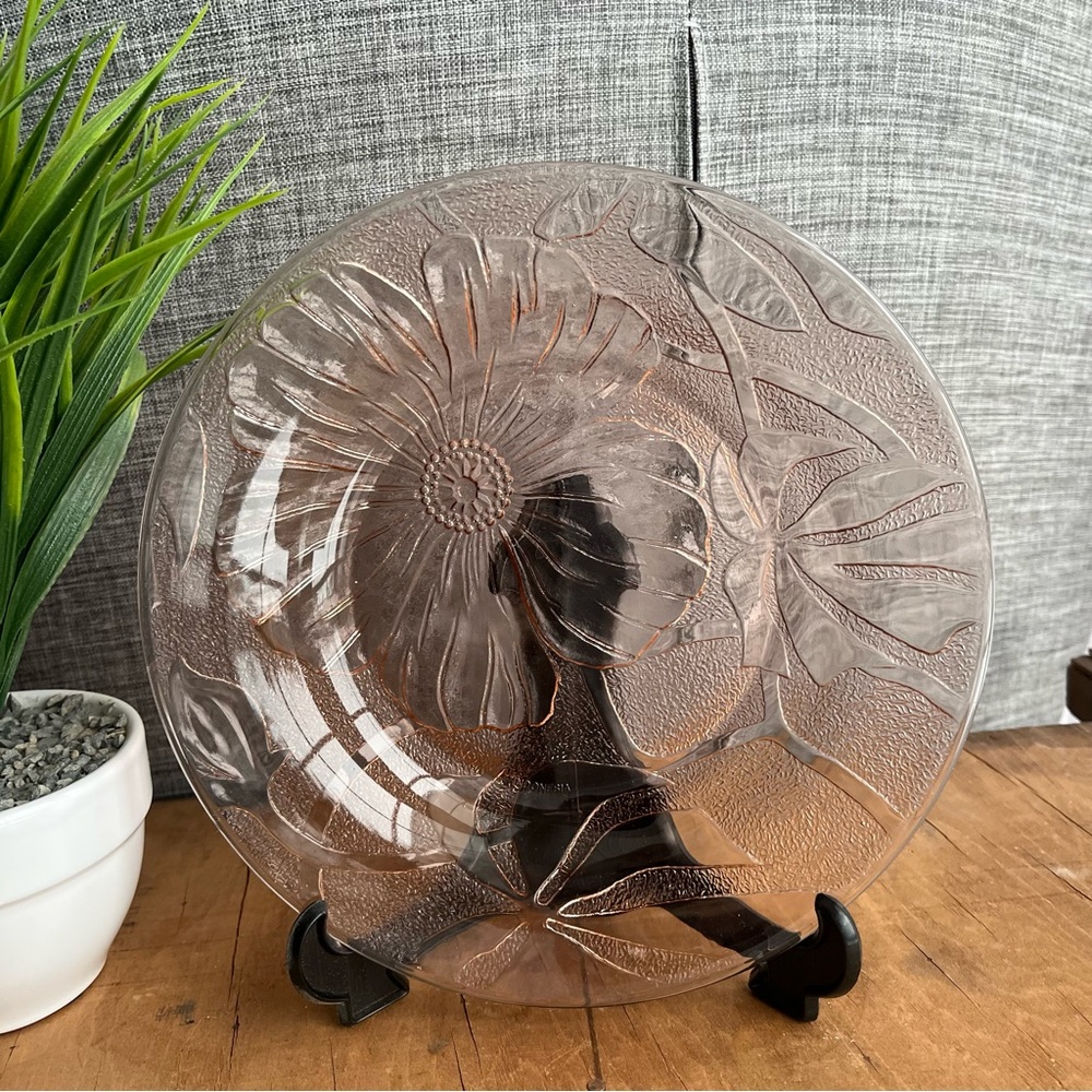 Vintage KIG Group Hibiscus Pattern Pink Depression Glass Serving Bowl Floral!